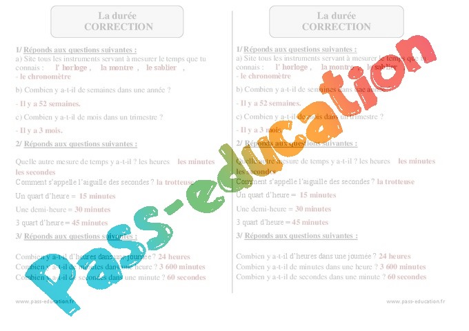 Durée - Mesures - Exercices corrigés sur les secondes, minutes, heures