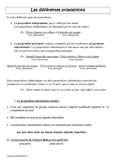 Différentes propositions Leçon Cm2 Grammaire Cycle 3 Pass