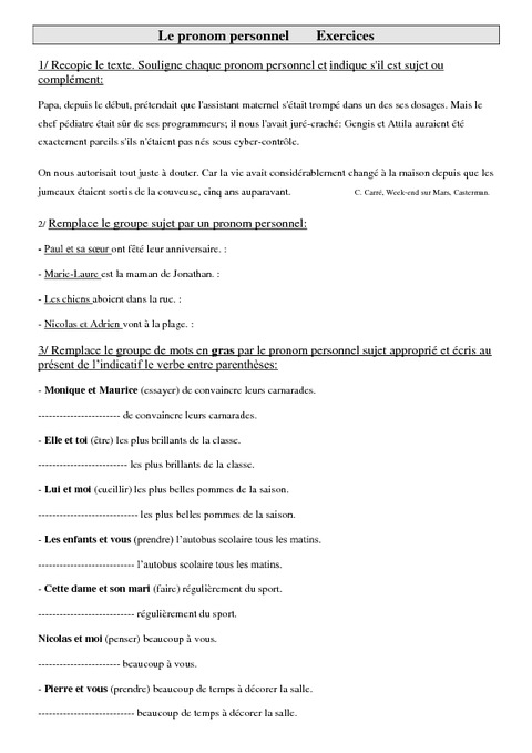 Pronom personnel - Cm2 - Exercices - Grammaire – Cycle 3 - Pass Education