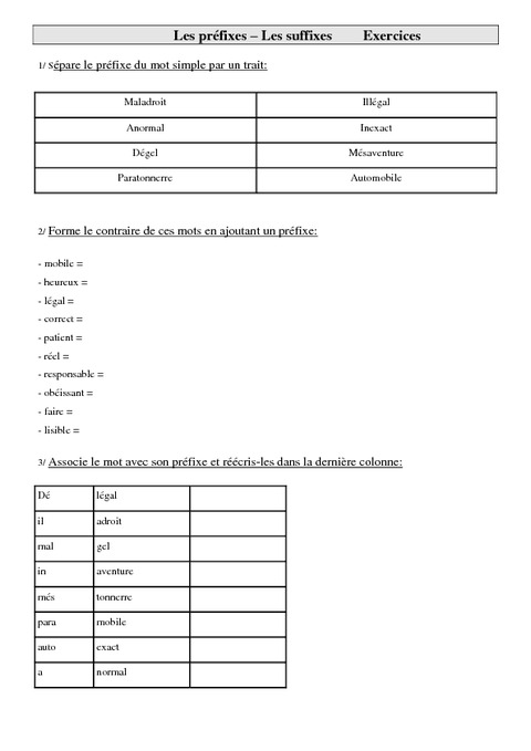 Préfixes Suffixes Cm1 Exercices Vocabulaire Pass Education 5882