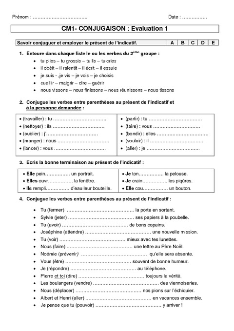 Evaluation de français - conjugaison - Cm1 - Pass Education