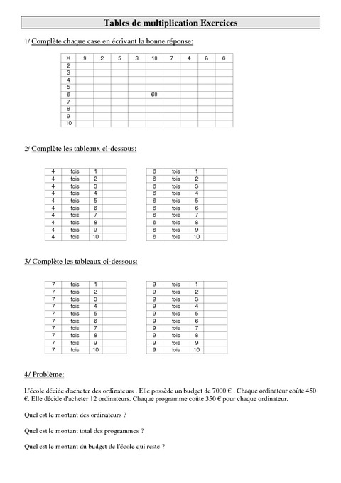 Tables de multiplication - Cm1 - Exercices - Calculs ...