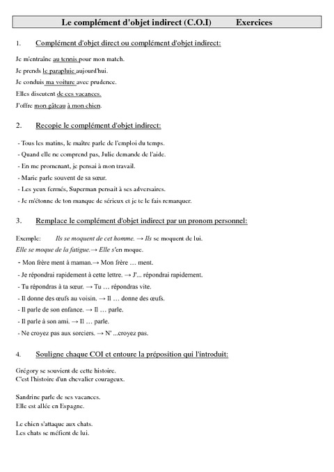 Complément Dobjet Indirect C O I Cm2 Exercices Grammaire