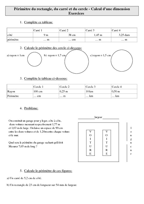 Périmètre Du Rectangle, Du Carré Et Du Cercle - Calcul D'une Dimension ...