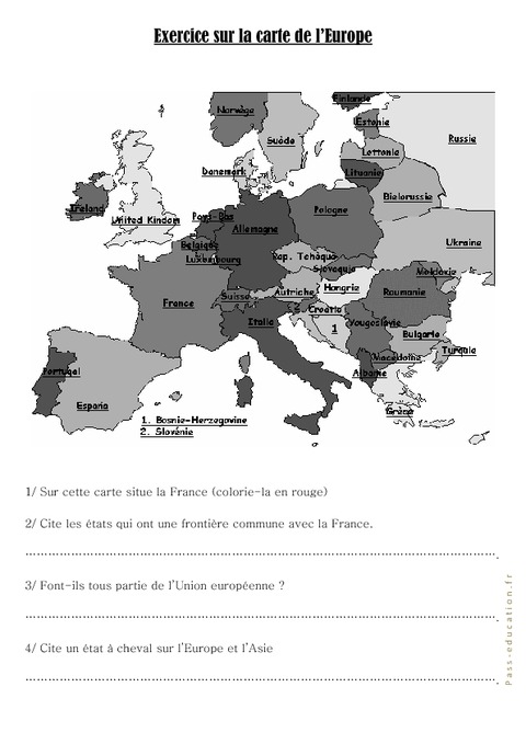 Carte de l'Europe - Cm1 cm2 - Exercices - Pass Education