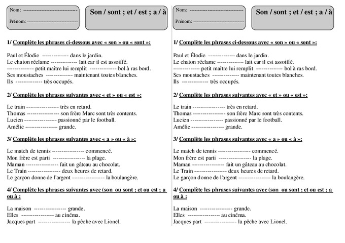 Evaluation Homophones A/à Et/est On/ont Son/sont Cm2