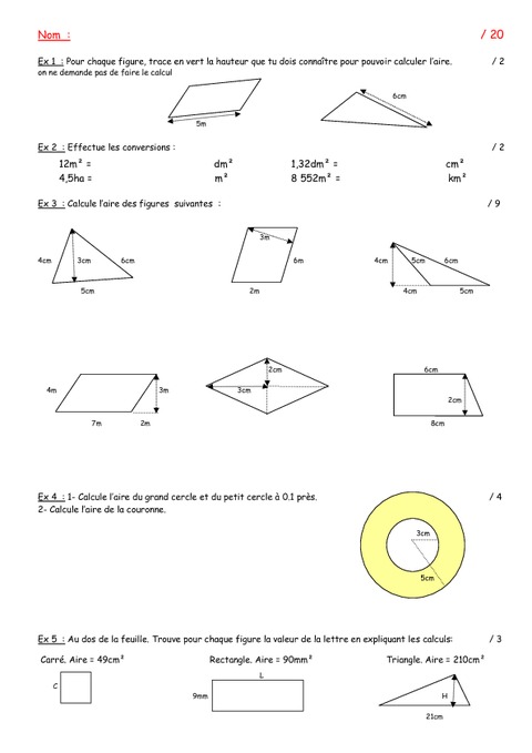 Aires – 5ème – Grandeurs Et Mesures – Exercices – Contrôle ...