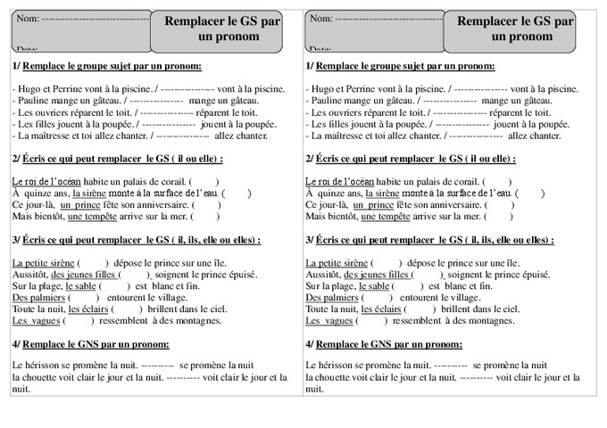 Remplacer Un Groupe Nominal Par Un Pronom Personnel Cm2