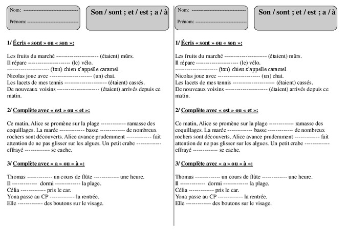 Sont / Son ; Et / Est ; A / à - Ce1 - Exercices - Orthographe - Cycle 2 ...