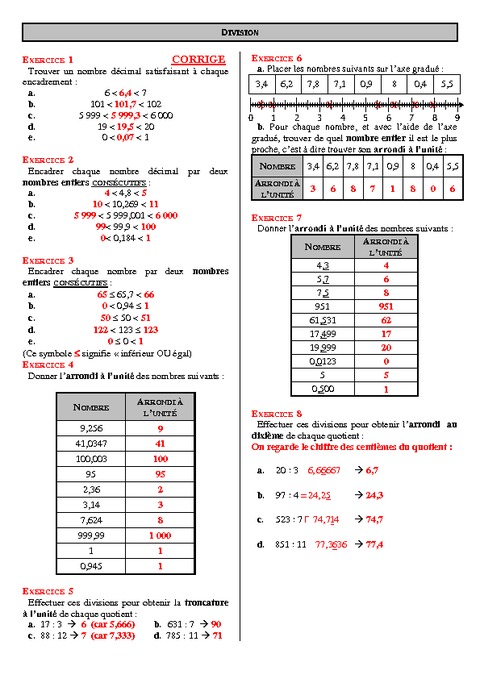 Division de nombres décimaux - 6ème - Exercices - Correction - Collège