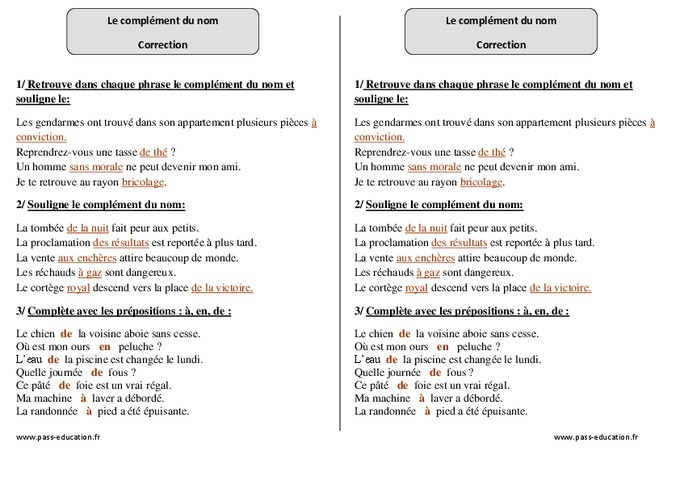 Exercice Complément Du Nom Cm2 Avec Correction