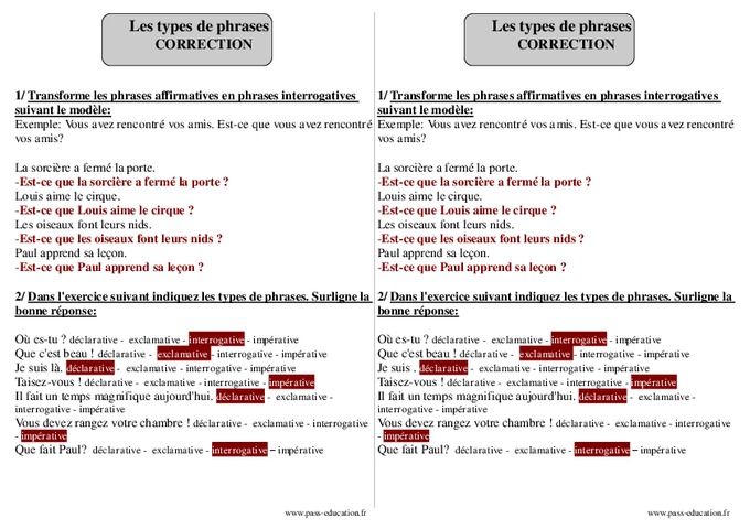 Exercices Types De Phrases Ce2 Nouveaux Programmes Types de phrases - Ce2 - Exercices corrigés - Pass Education