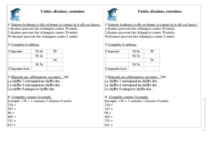 Unités, dizaines, centaines - Ce1 - Exercices - Numération - Cycle 2