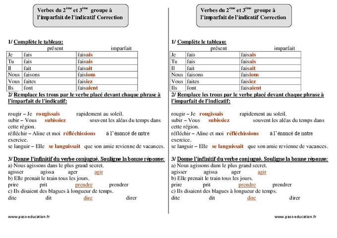 Imparfait – 2ème et 3ème groupe - Ce2 – Exercices corrigés - Pass Education