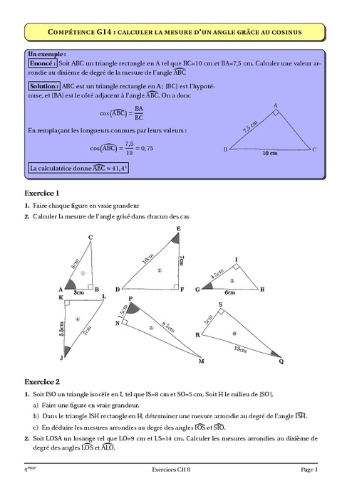 Cosinus Dun Angle Aigu Me G Om Trie Cours Exercices