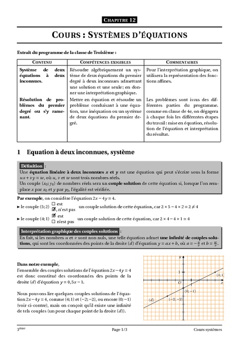 Systèmes d’équations à deux inconnues – 3ème – Cours ...