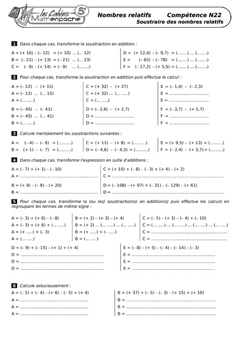 Nombres Relatifs - 5ème - Cours - Exercices - Collège - Mathématiques ...