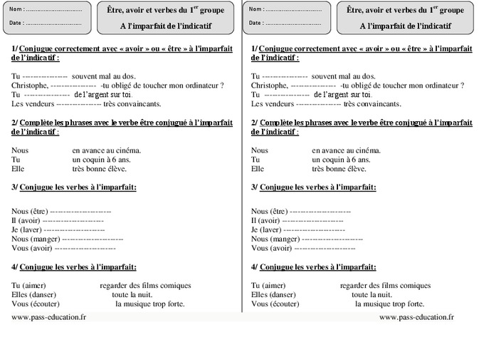 Être, avoir - Verbes du 1er groupe - Imparfait - Ce2 – Exercices