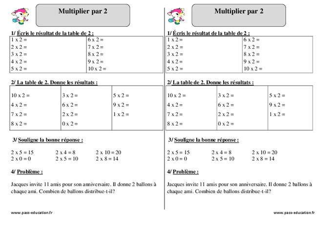 Evaluation Tables De Multiplication De 2 à 5 Pdf Ce1
