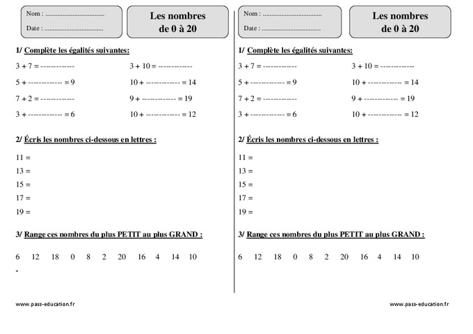 Nombres de 0 à 20 – Ce1 – Exercices corrigés – Numération