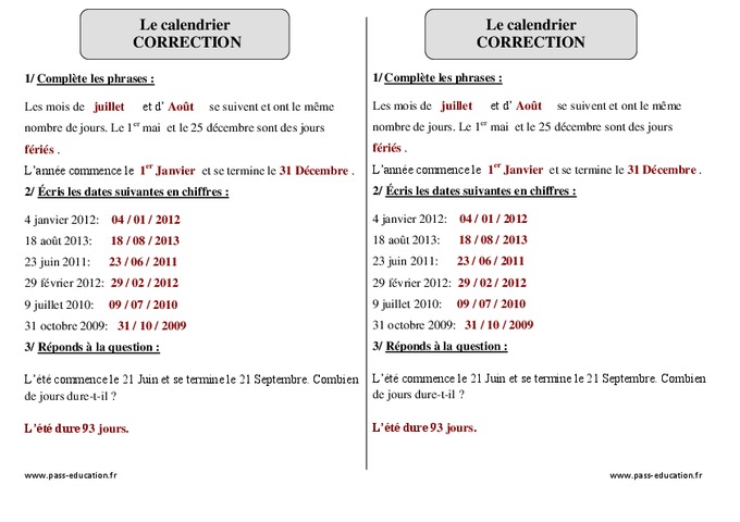 Jours Semaines Mois Année Ce2 Exercices Corrigés Sur Le