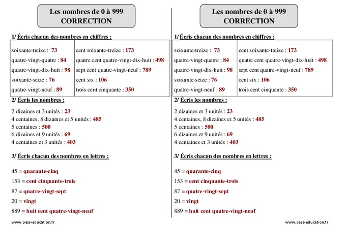 Nombres de 0 à 999 – Ce2 – Exercices avec correction - Pass Education