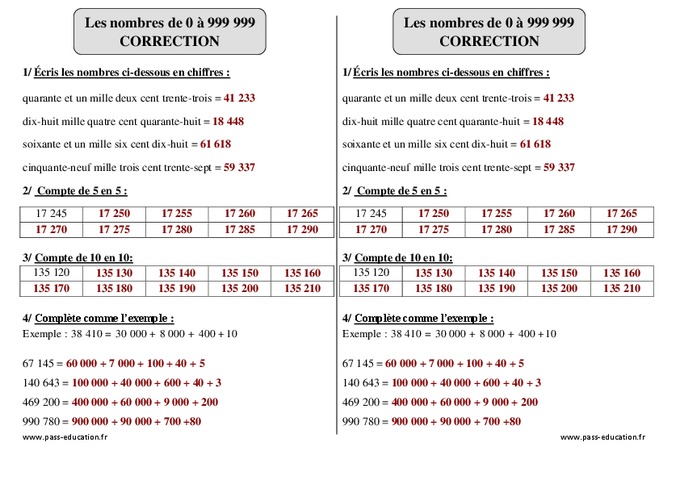 Nombres de 0 à 999 999 – Ce2 – Exercices corrigés – Numération - Pass