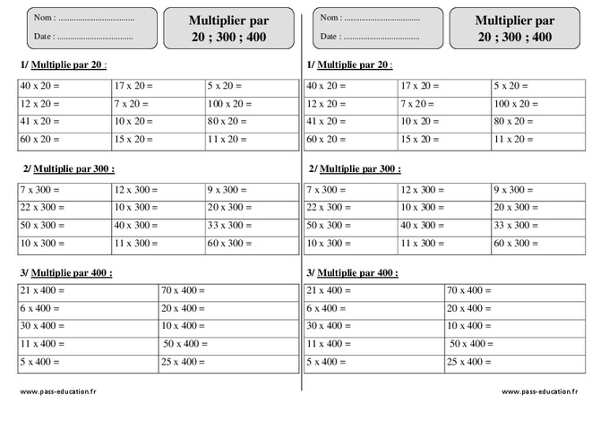 Multiplier Par 20 30 40 Exercices Ce2 A Imprimer