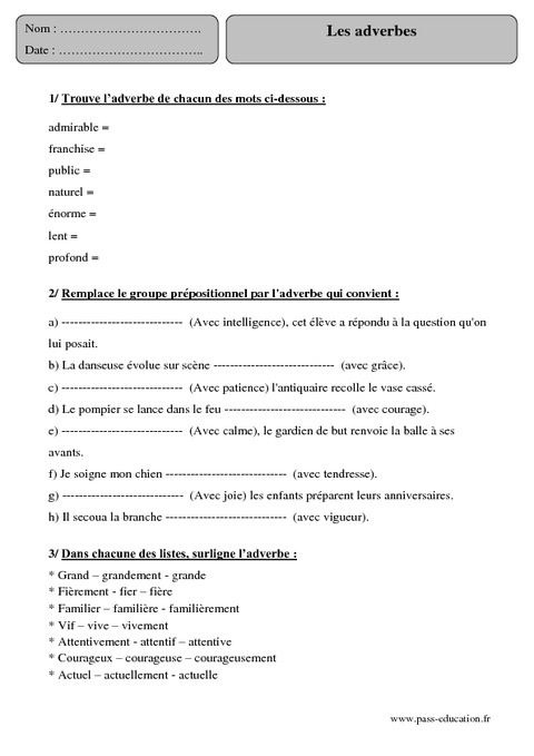 Adverbes Cm2 Exercices Corrig s Grammaire Cycle 3 Pass Education