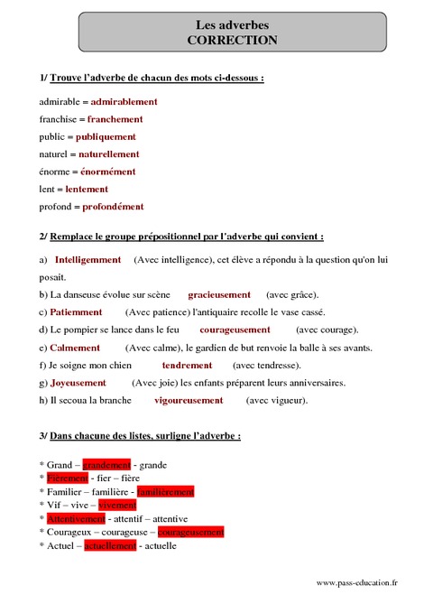 Adverbes - Cm2 - Exercices Corrigés - Grammaire - Cycle 3 - Pass Education