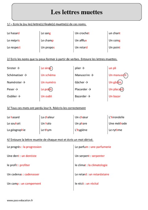 Former Un Mot Avec Ces Lettres Lettres muettes – Cm2 – Exercices corrigés – Orthographe – Cycle 3