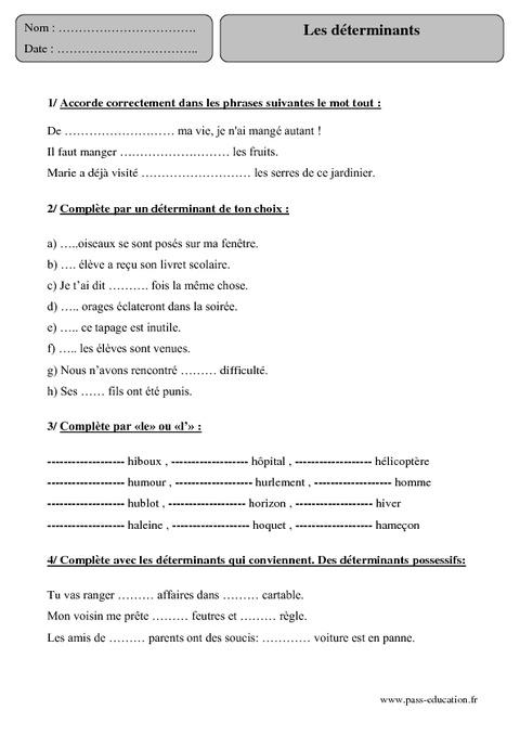 Déterminants - Cm2 - Exercices corrigés - Grammaire ...