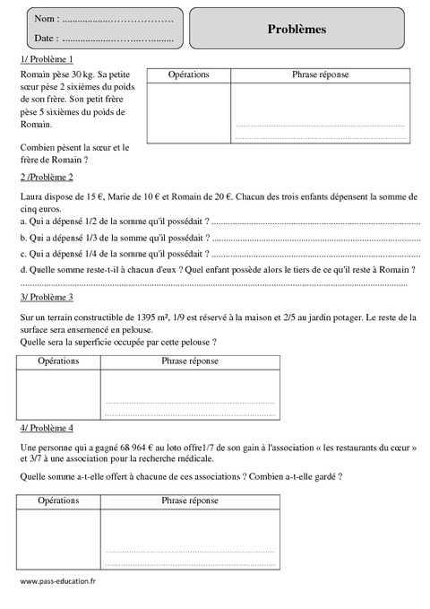 Fractions Problèmes Cm2 Exercices Corrigés Calcul