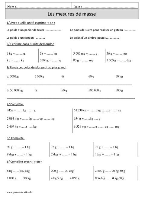 Mesures de masse Cm Exercices corrigés Mesures Mathématiques Cycle Pass Education