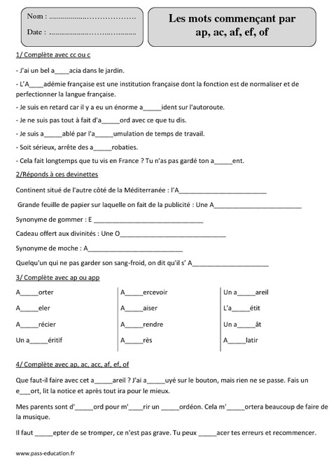 Mots Commençant Par Ap, Ac, Af, Ef, Of – Cm2 – Exercices Corrigés ...