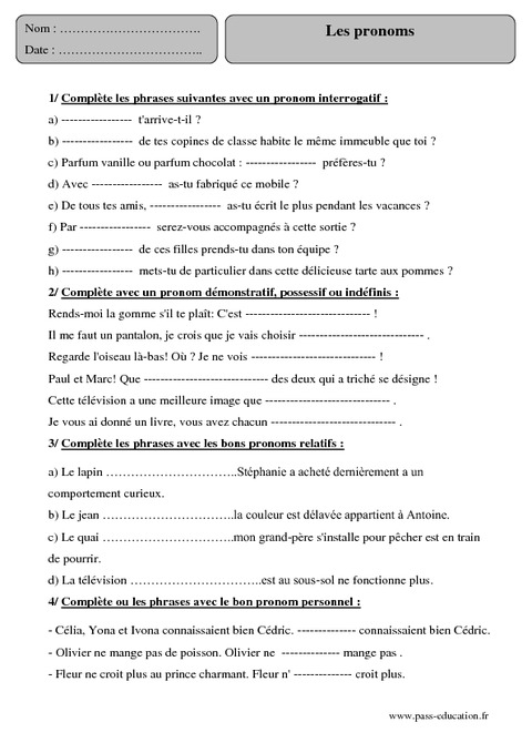 Pronoms – Cm2 – Exercices corrigés – Grammaire - Pass Education