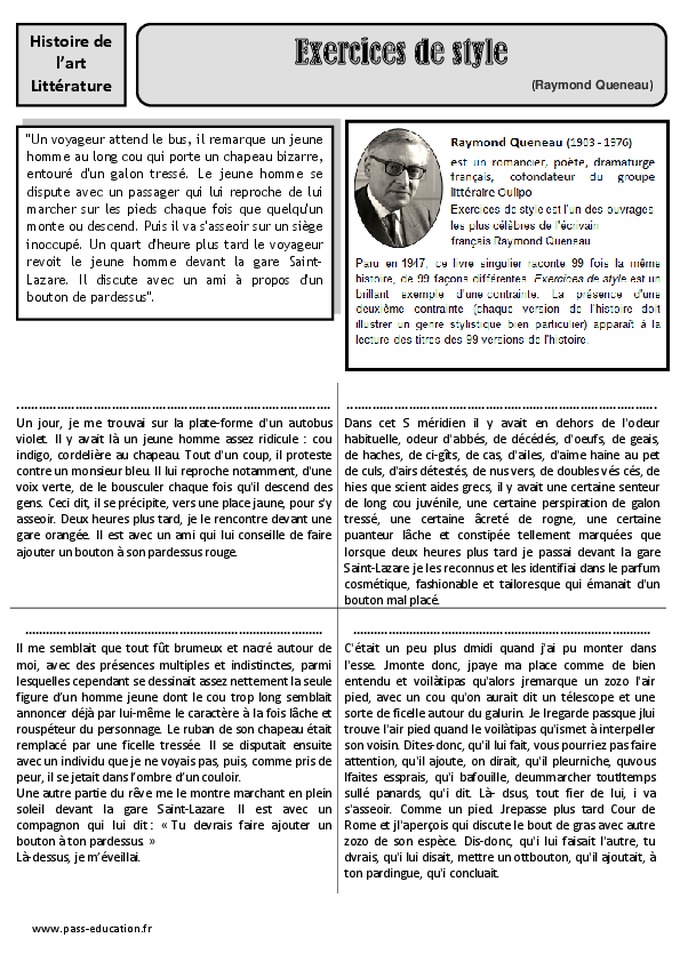 Exercices de style Raymond Queneau Arts du langage Cm2 Histoire des arts XXème siècle Exercices de style Raymond Queneau Arts du langage Cm2 Histoire des arts XXème siècle