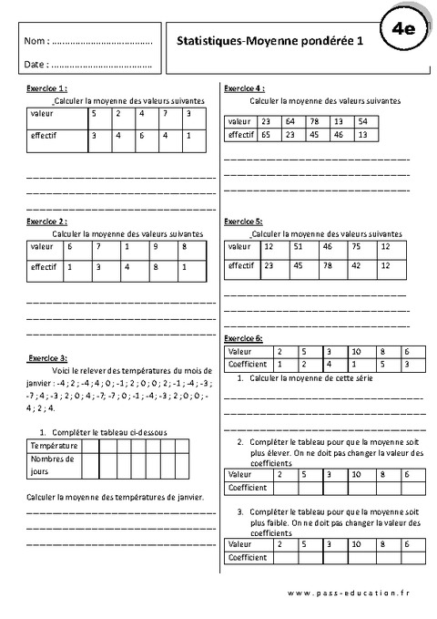 Statistiques - Moyenne Pondérée - 4ème - Exercices Corrigés - Pass ...