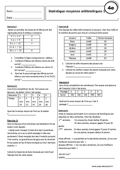 Statistiques - Moyenne Arithmétique - Exercices Corrigés - 4ème - Pass ...