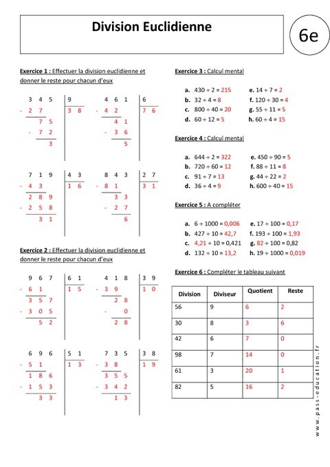 Division Euclidienne 6 me Exercices Corrig s Divisions Pass 