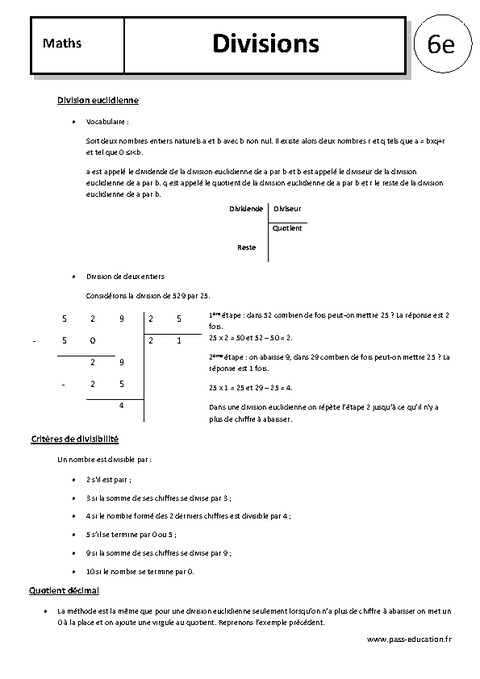 Division Euclidienne Exercice Corrigé 6ème www.pass-education.fr