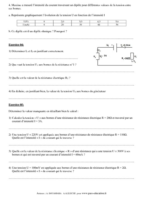 Loi d Ohm Exercices corrigés 4ème Physique Chimie Collège