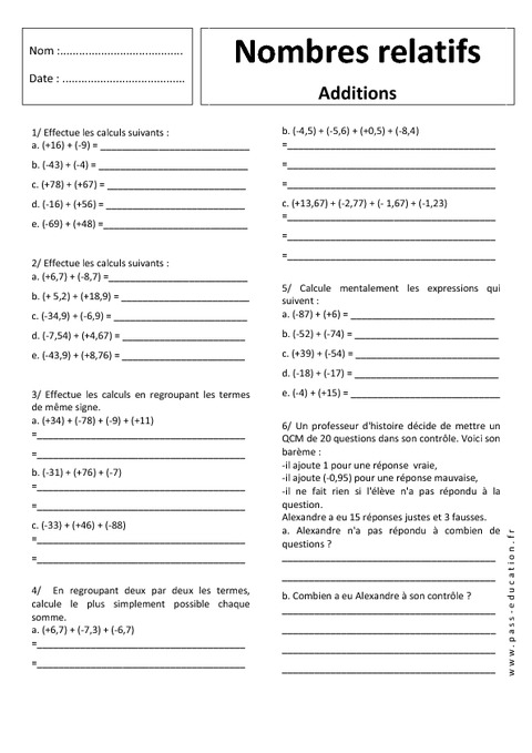 Additions - Nombres Relatifs – Exercices Corrigés - 5ème - Pass Education