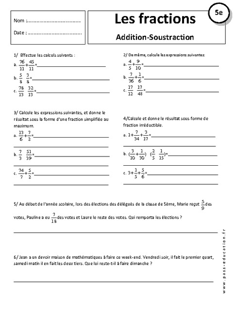 Additions Op rations Sur Les Fractions 5 me Exercices Corrig s 
