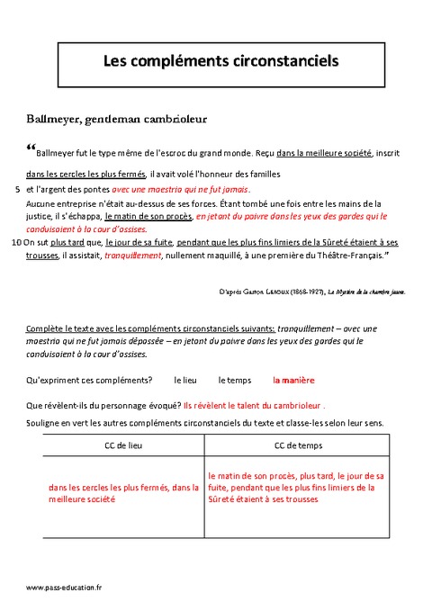 Compléments Circonstanciels Cm2 Exercices Corrigés Grammaire