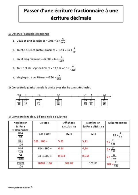 Passer Dune écriture Fractionnaire à Une écriture Décimale Cm2 Exercices Corrigés 2164