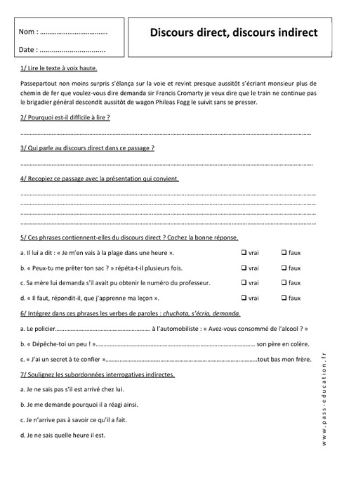 Discours Direct - Discours Indirect – Exercices Corrigés – 5ème ...