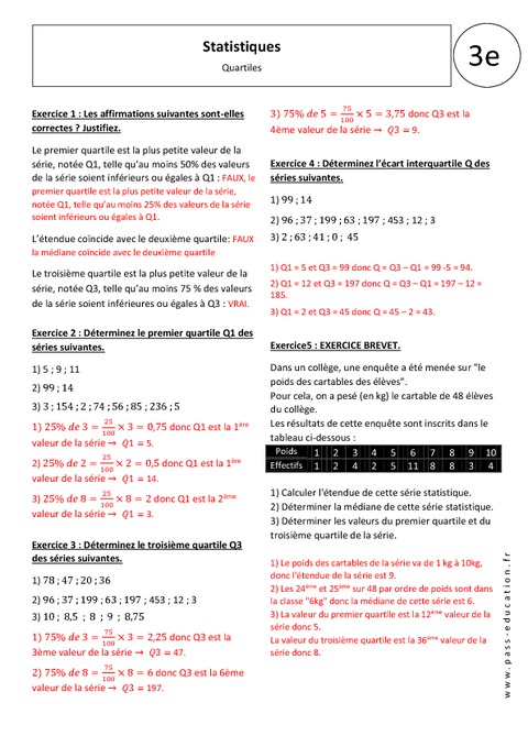 Quartiles - Statistiques - 3ème - Exercices corrigés ...