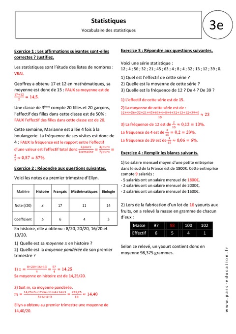 Vocabulaire Des Statistiques - Exercices Corrigés - 3ème - Pass Education