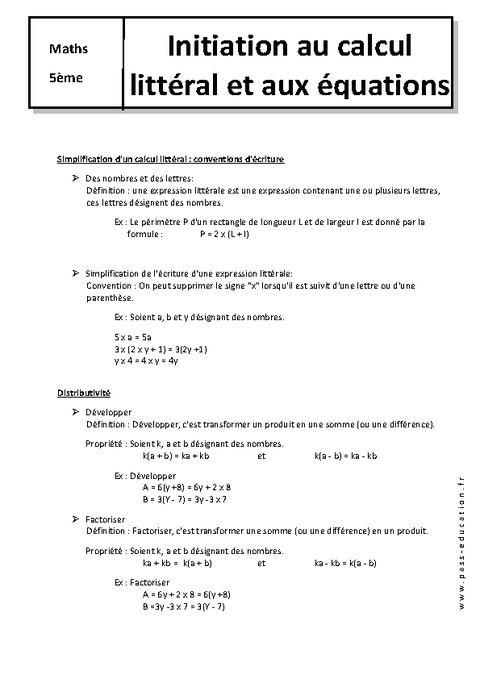 Initiation Au Calcul Littéral Et Aux équations - 5ème - Cours - Pass ...